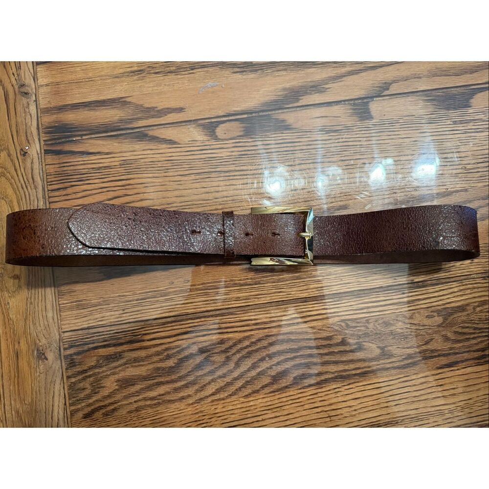 L' Immagin Brown Crackle Leather Rectangular Gold‎ Polished Buckle Belt Size 34